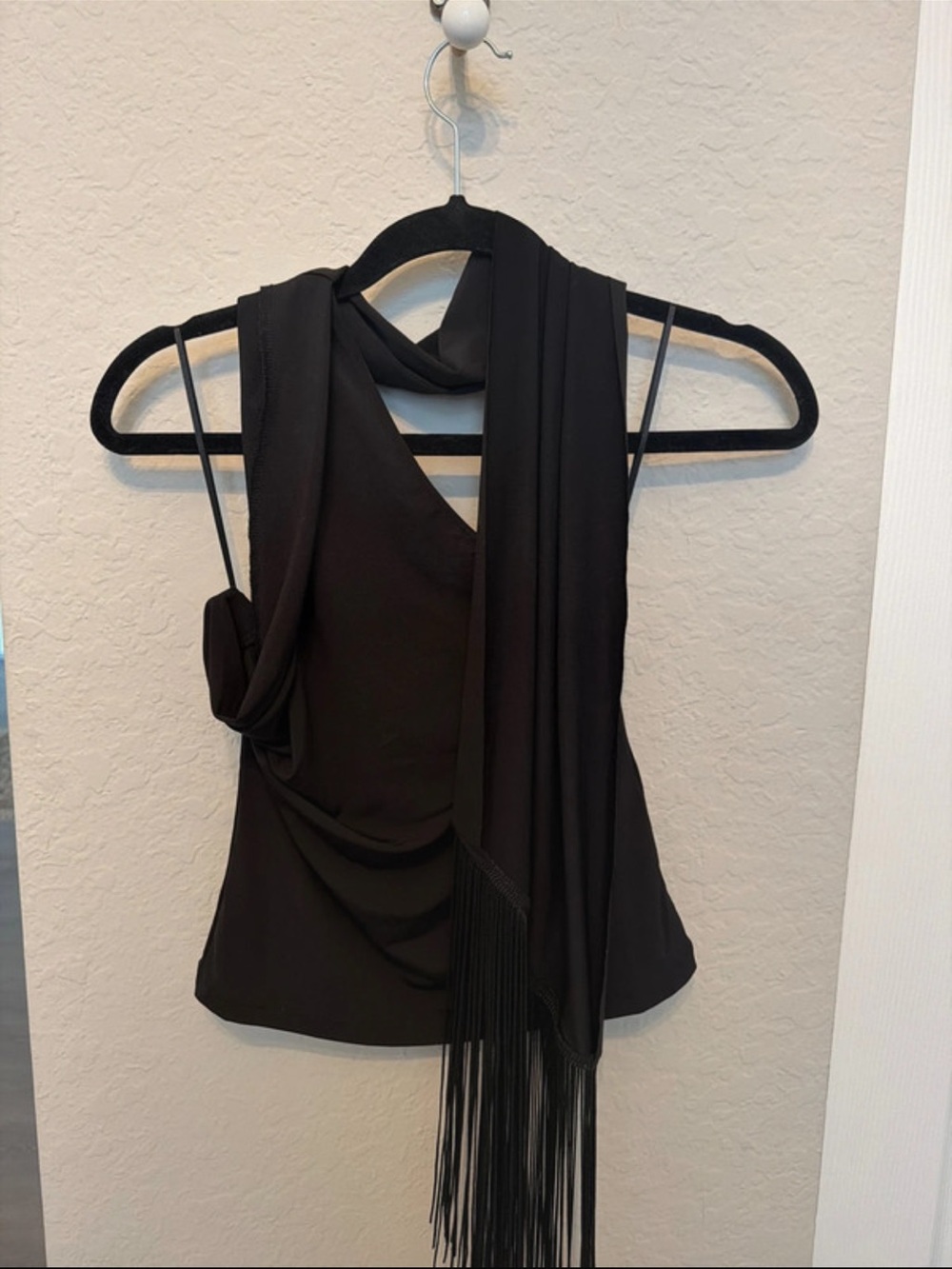 Black Women's Scarf Collar One Shoulder Fringe Top
